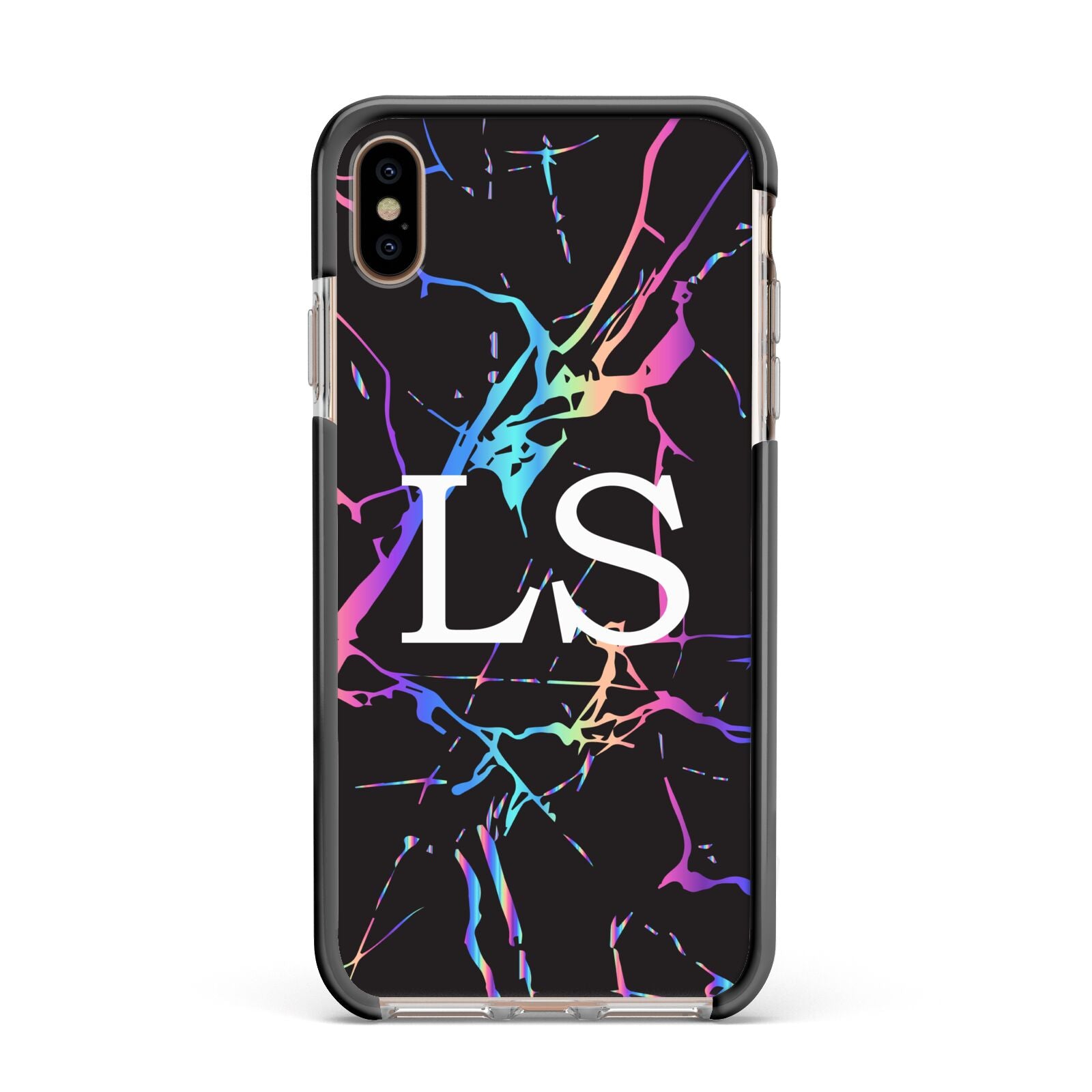 Personalised Black Holographic Marble Initials Apple iPhone Xs Max Impact Case Black Edge on Gold Phone