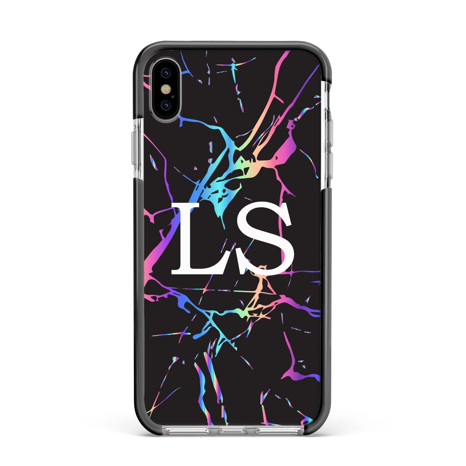 Personalised Black Holographic Marble Initials Apple iPhone Xs Max Impact Case Black Edge on Silver Phone