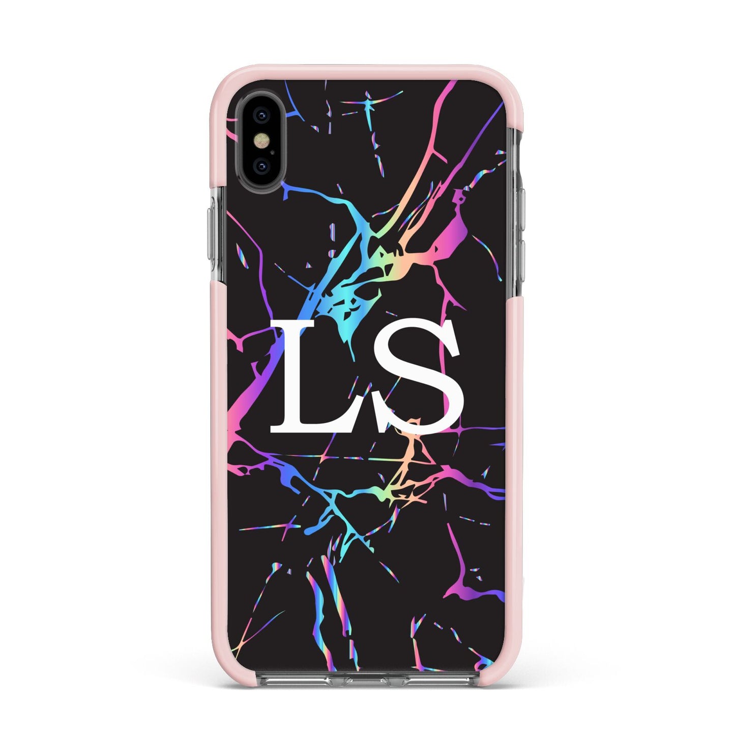 Personalised Black Holographic Marble Initials Apple iPhone Xs Max Impact Case Pink Edge on Black Phone