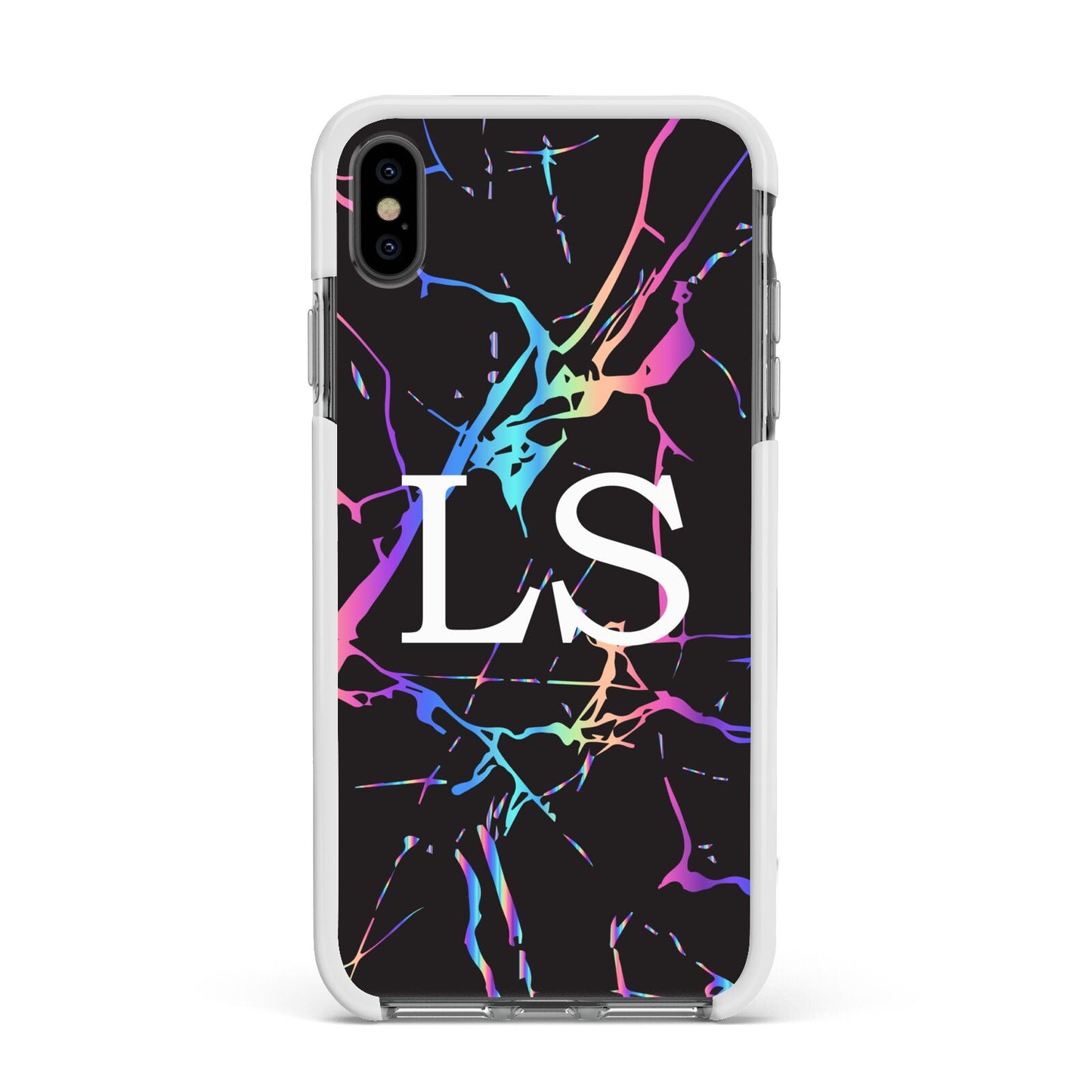 Personalised Black Holographic Marble Initials Apple iPhone Xs Max Impact Case White Edge on Black Phone