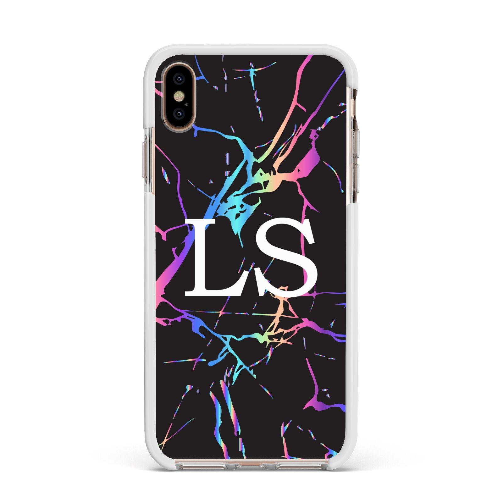 Personalised Black Holographic Marble Initials Apple iPhone Xs Max Impact Case White Edge on Gold Phone
