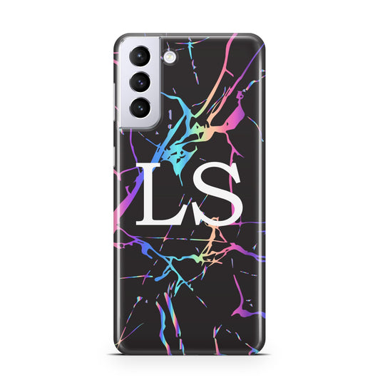 Personalised Black Holographic Marble Initials Samsung S21 Plus Phone Case