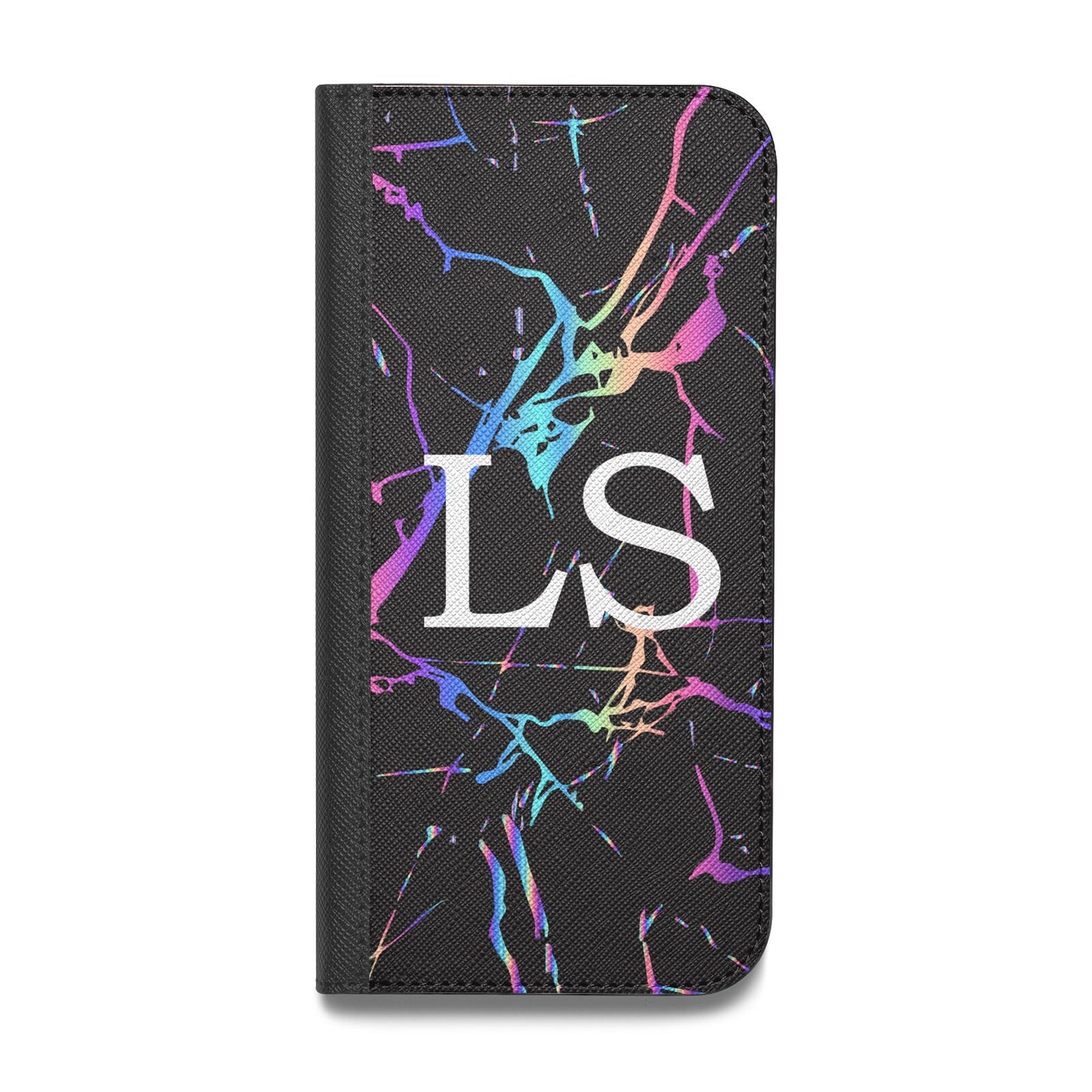 Personalised Black Holographic Marble Initials Vegan Leather Flip Samsung Case