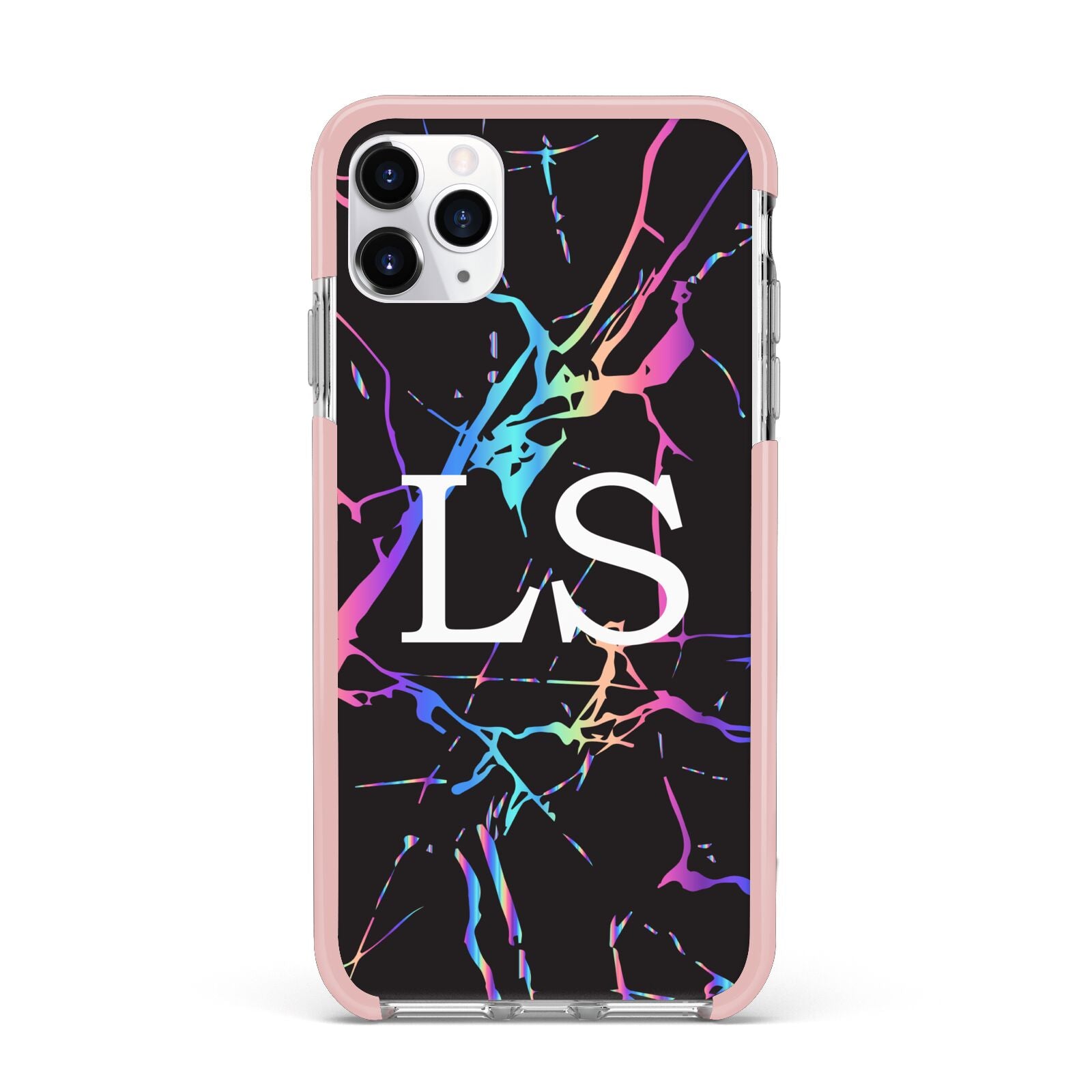 Personalised Black Holographic Marble Initials iPhone 11 Pro Max Impact Pink Edge Case