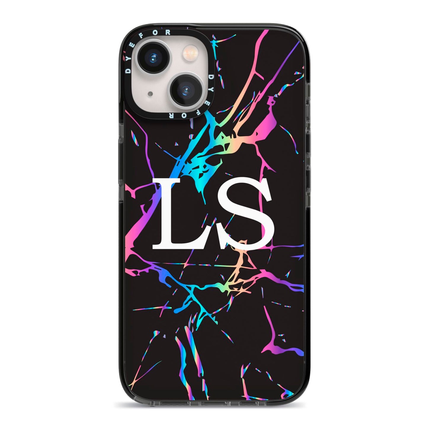 Personalised Black Holographic Marble Initials iPhone 13 Black Impact Case on Silver phone