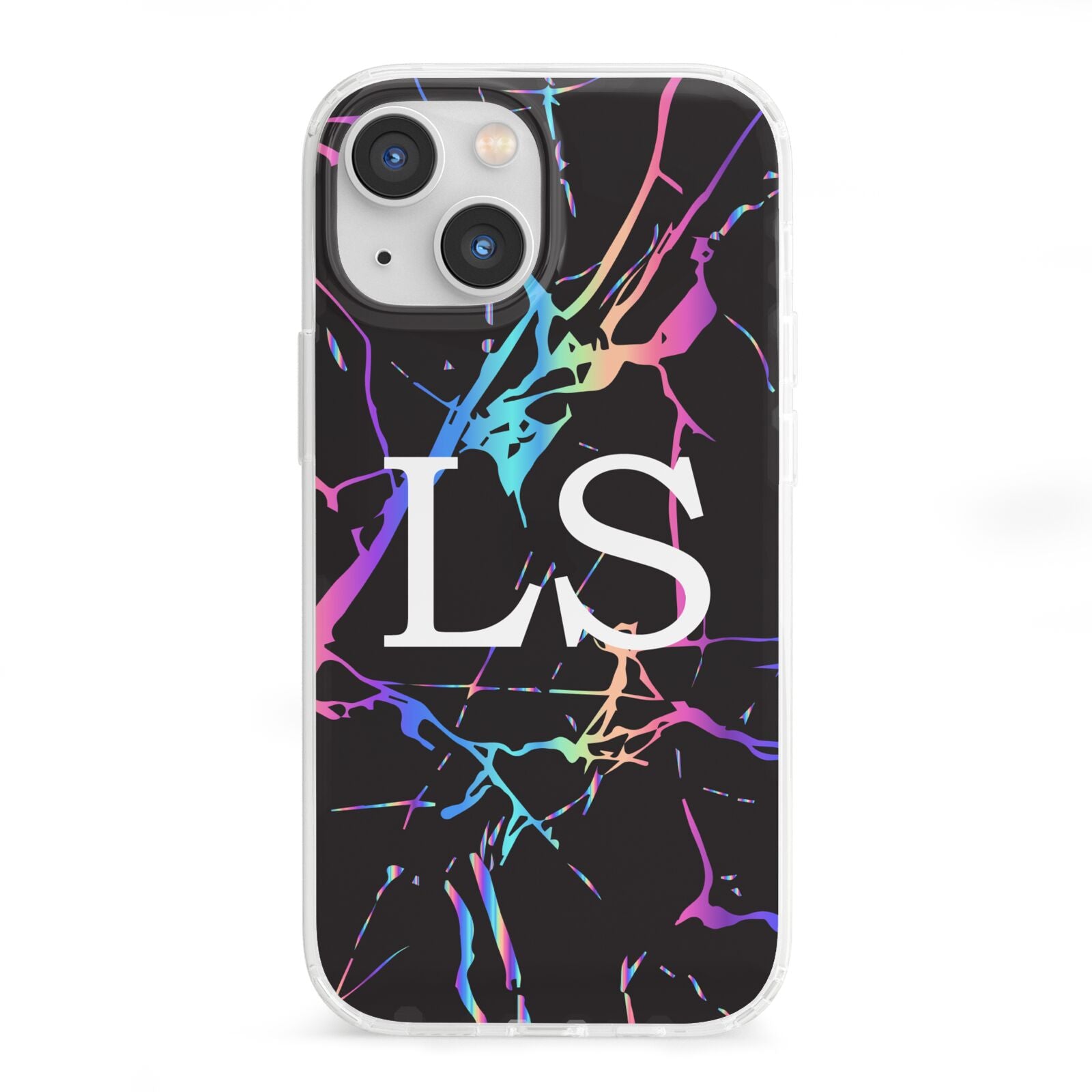 Personalised Black Holographic Marble Initials iPhone 13 Mini Clear Bumper Case