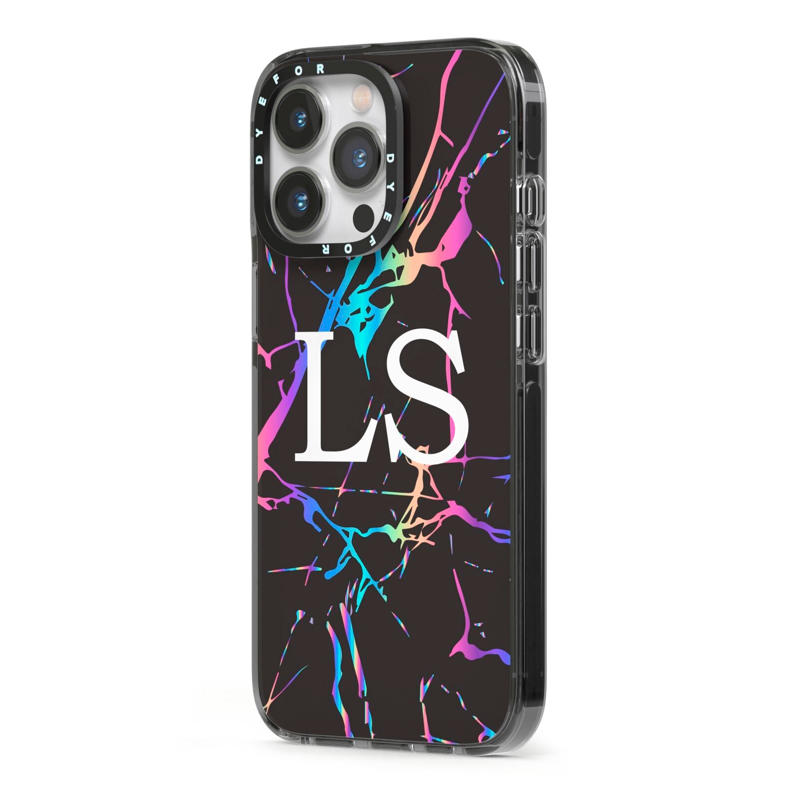 Personalised Black Holographic Marble Initials iPhone 13 Pro Black Impact Case Side Angle on Silver phone