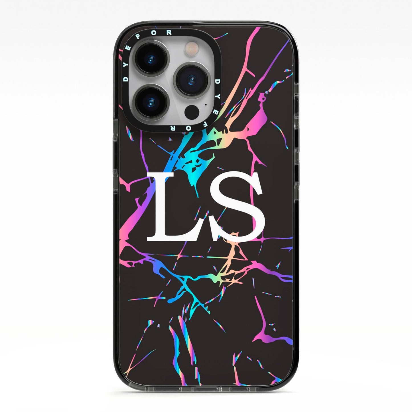 Personalised Black Holographic Marble Initials iPhone 13 Pro Black Impact Case on Silver phone
