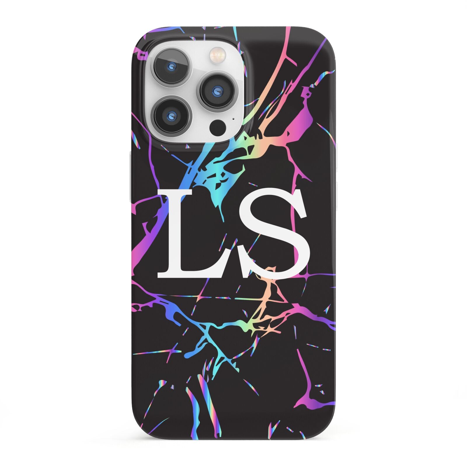 Personalised Black Holographic Marble Initials iPhone 13 Pro Full Wrap 3D Snap Case