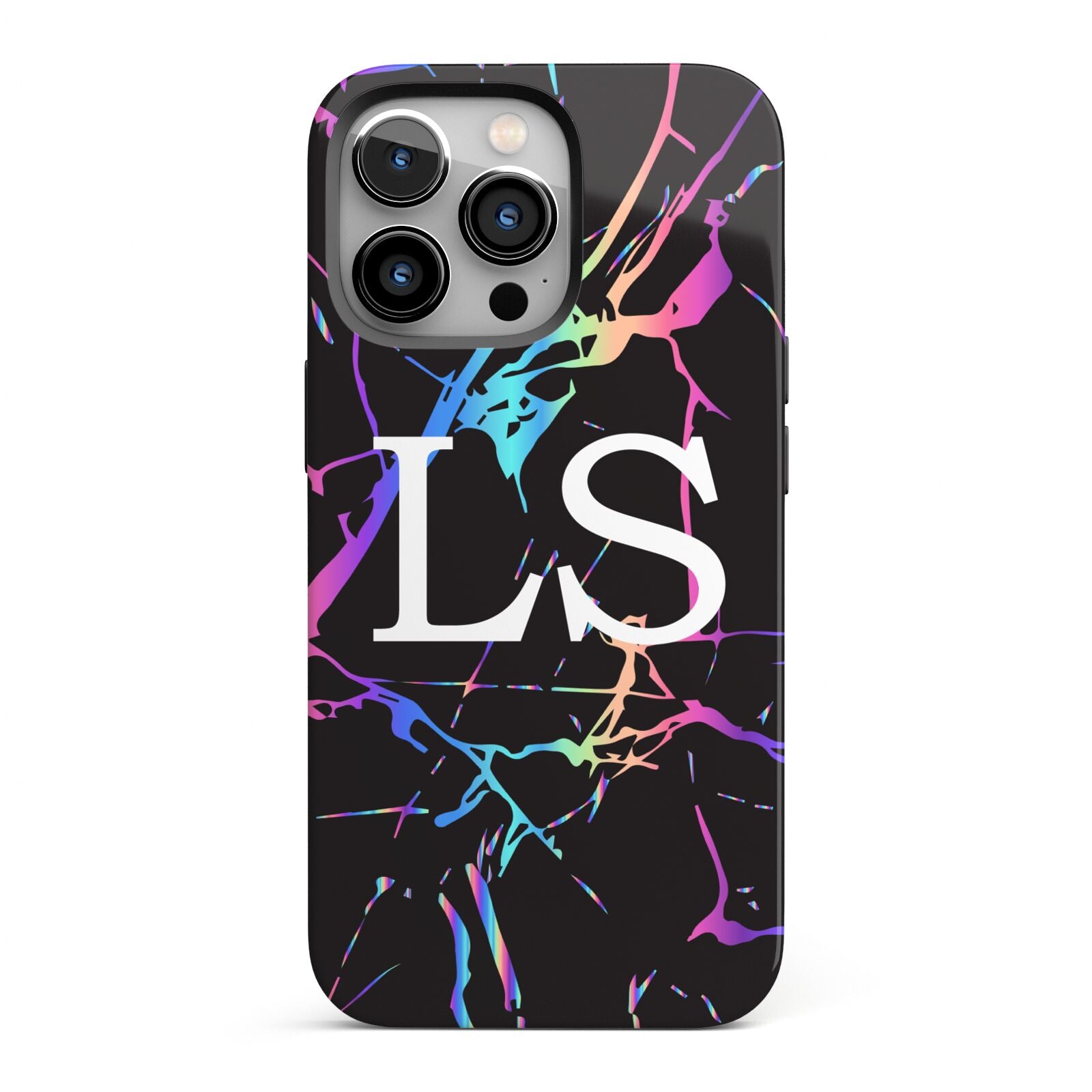 Personalised Black Holographic Marble Initials iPhone 13 Pro Full Wrap 3D Tough Case