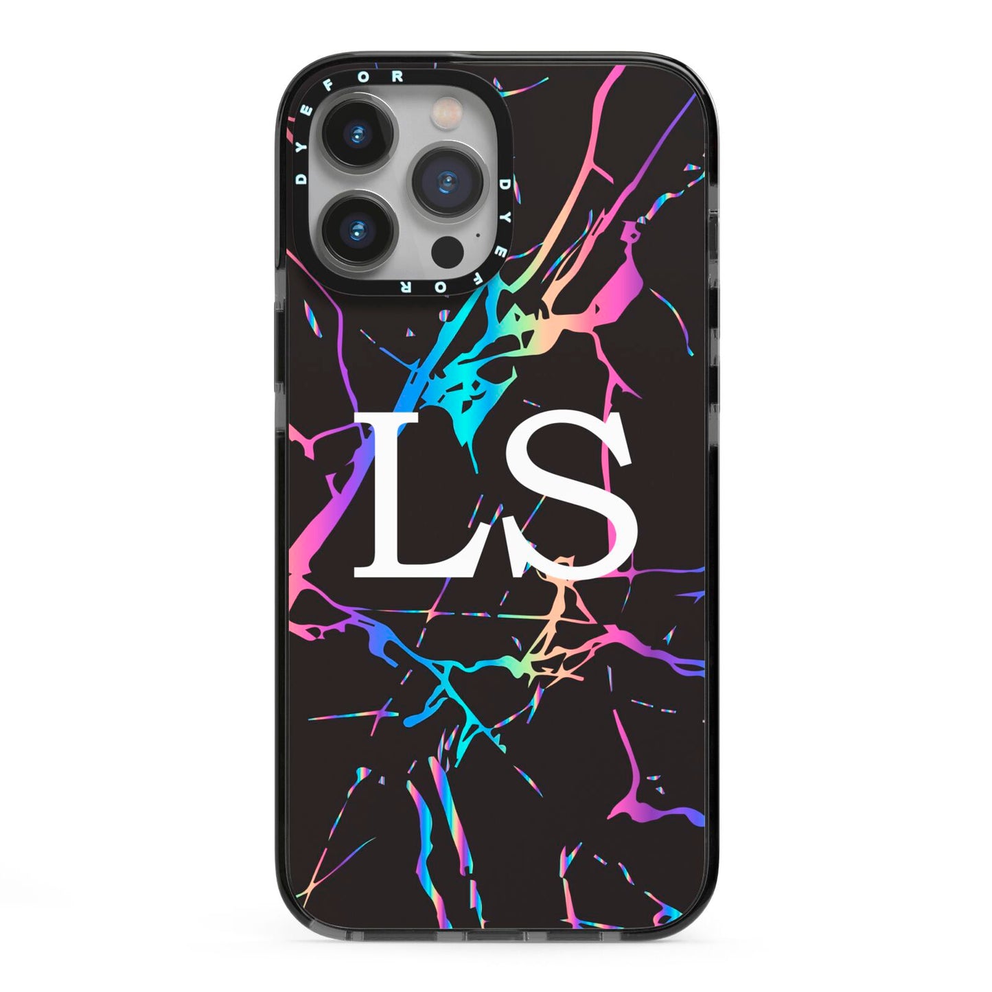 Personalised Black Holographic Marble Initials iPhone 13 Pro Max Black Impact Case on Silver phone
