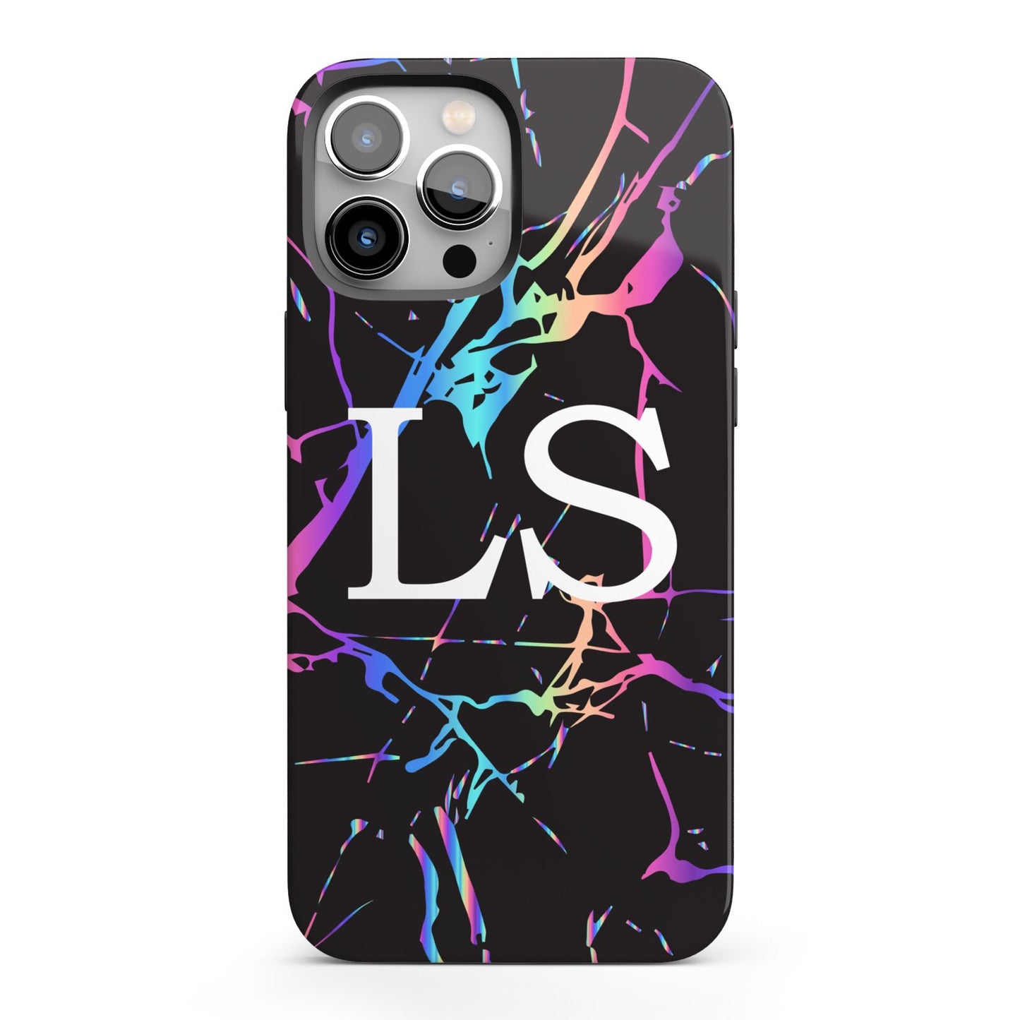 Personalised Black Holographic Marble Initials iPhone 13 Pro Max Full Wrap 3D Tough Case