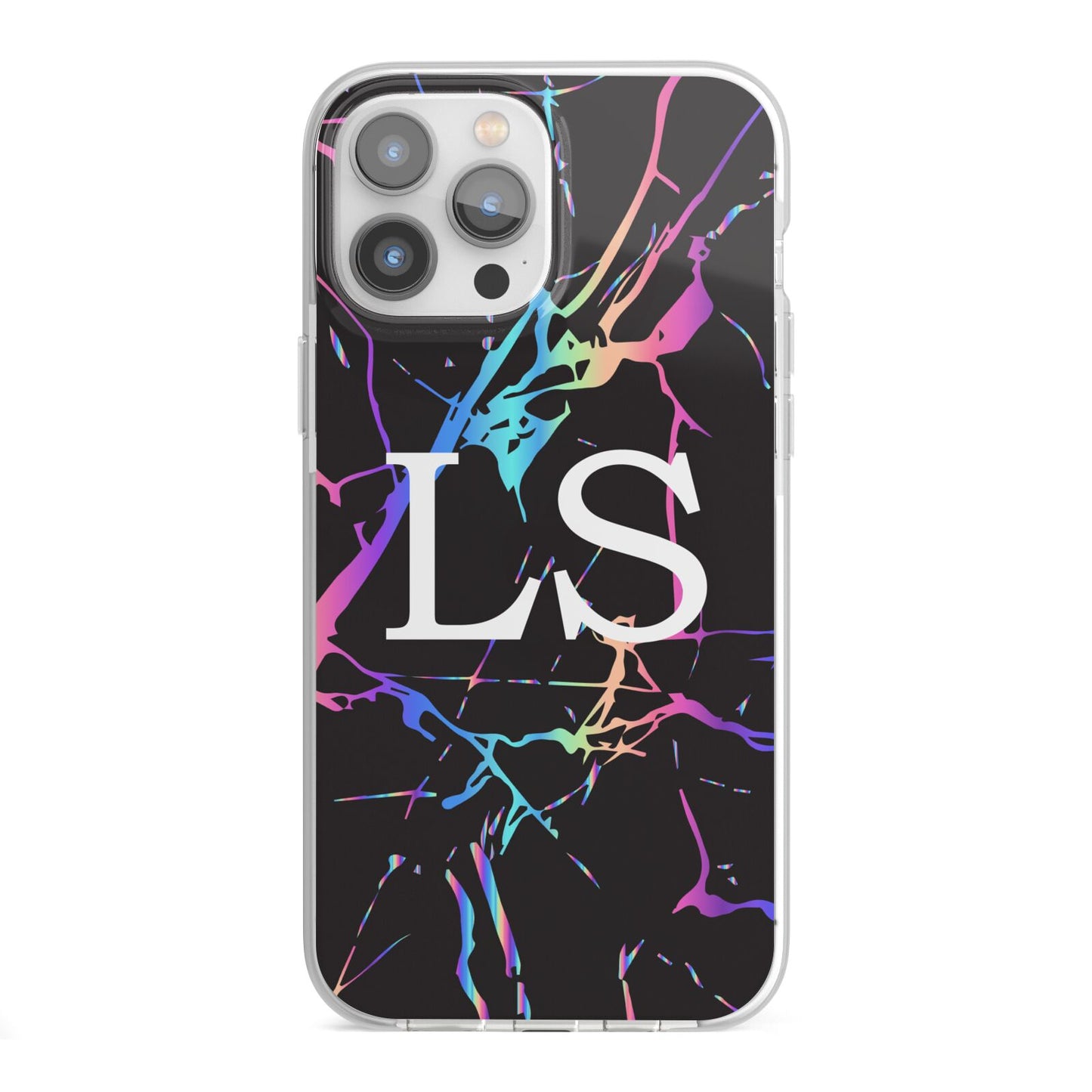 Personalised Black Holographic Marble Initials iPhone 13 Pro Max TPU Impact Case with White Edges