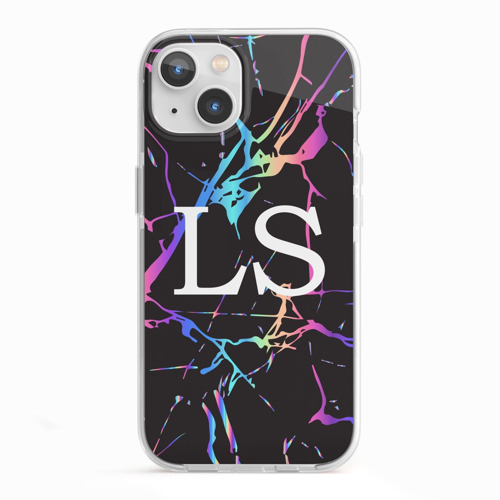 Personalised Black Holographic Marble Initials iPhone 13 TPU Impact Case with White Edges