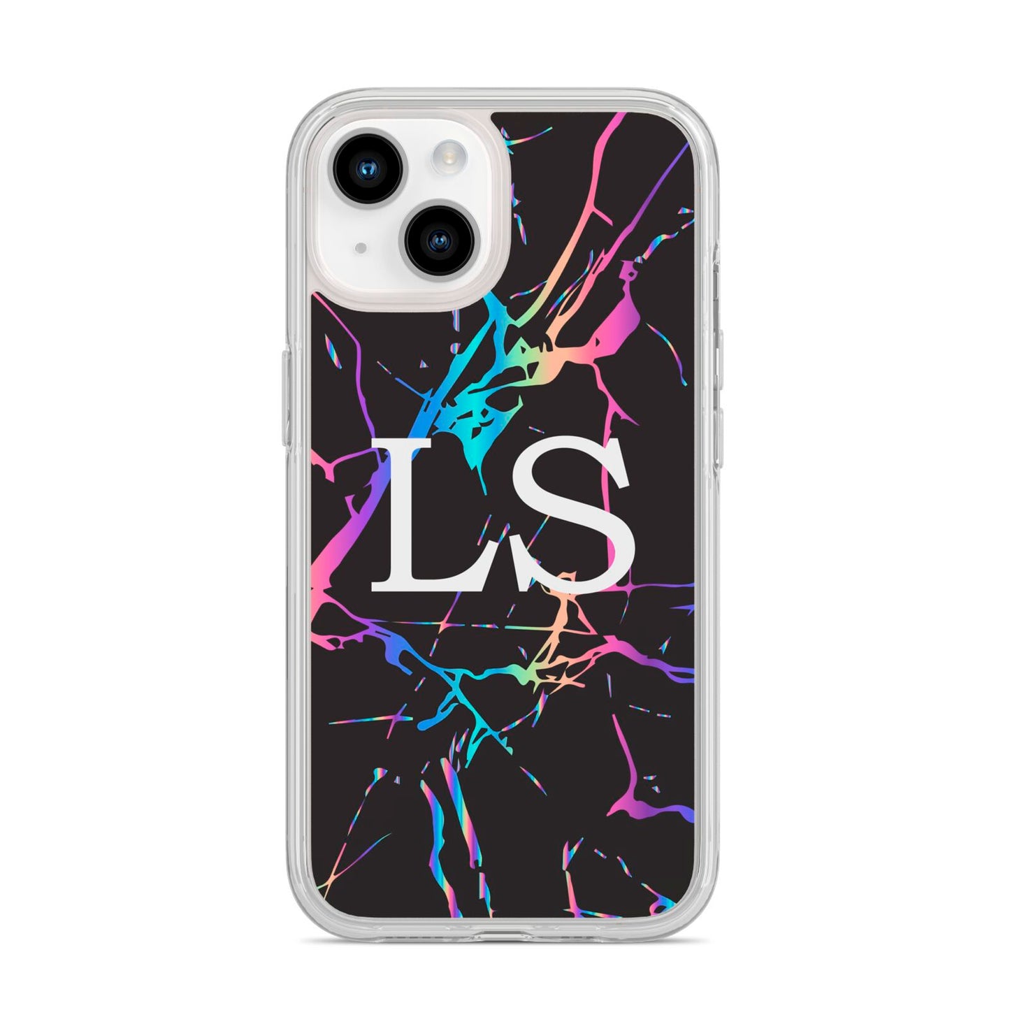 Personalised Black Holographic Marble Initials iPhone 14 Clear Tough Case Starlight