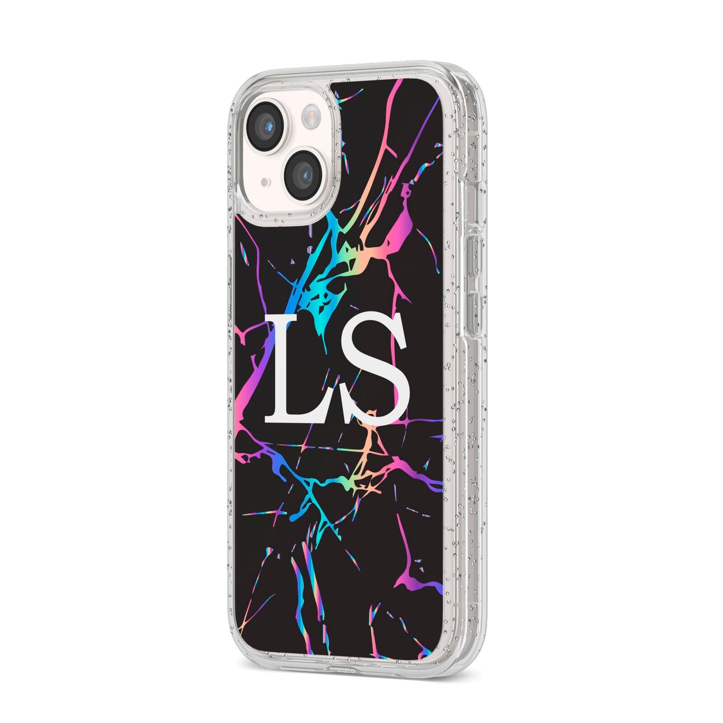 Personalised Black Holographic Marble Initials iPhone 14 Glitter Tough Case Starlight Angled Image