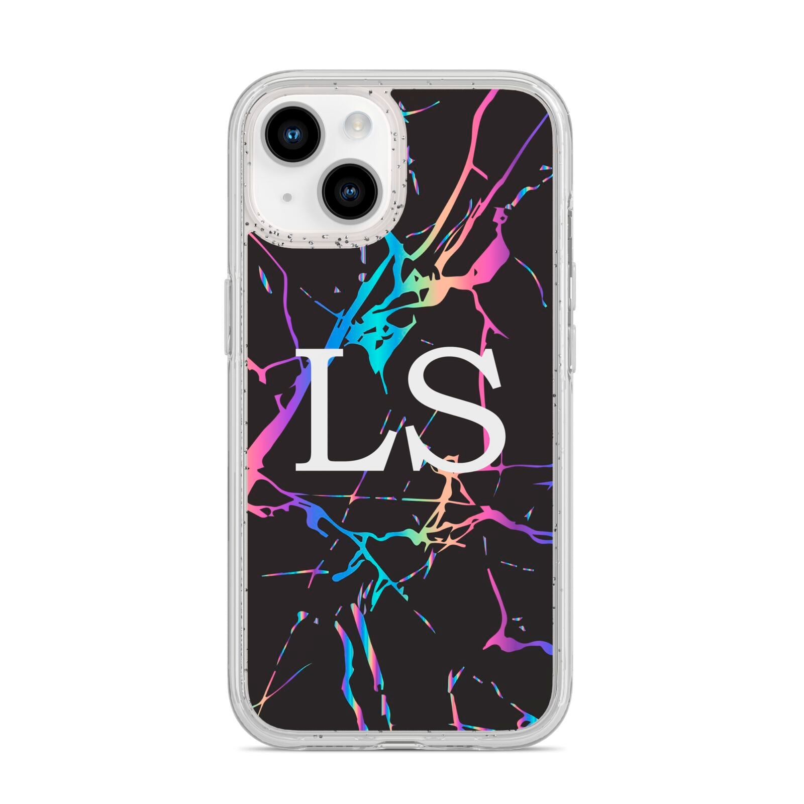 Personalised Black Holographic Marble Initials iPhone 14 Glitter Tough Case Starlight