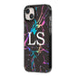 Personalised Black Holographic Marble Initials iPhone 14 Plus Black Impact Case Side Angle on Silver phone