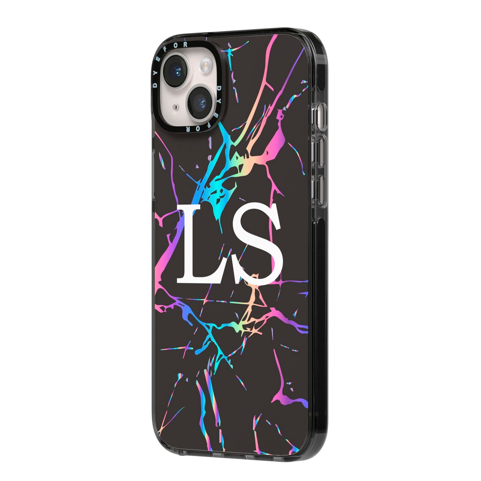 Personalised Black Holographic Marble Initials iPhone 14 Plus Black Impact Case Side Angle on Silver phone
