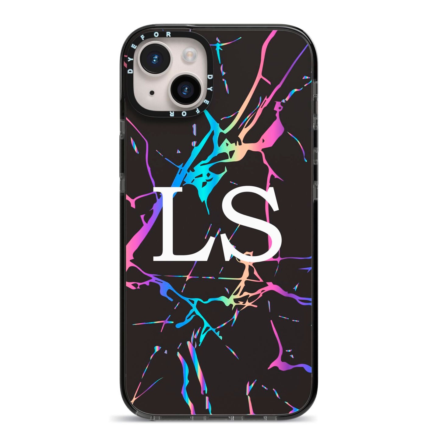 Personalised Black Holographic Marble Initials iPhone 14 Plus Black Impact Case on Silver phone