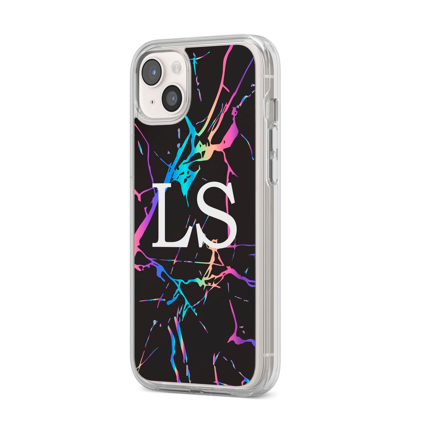 Personalised Black Holographic Marble Initials iPhone 14 Plus Clear Tough Case Starlight Angled Image