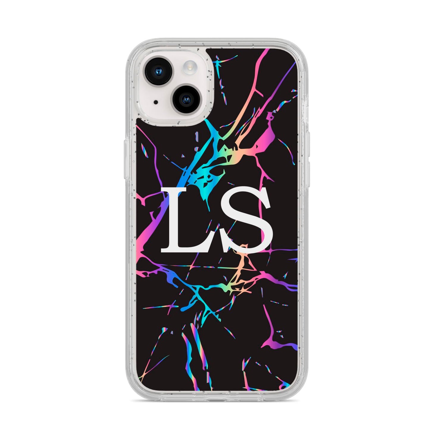 Personalised Black Holographic Marble Initials iPhone 14 Plus Glitter Tough Case Starlight