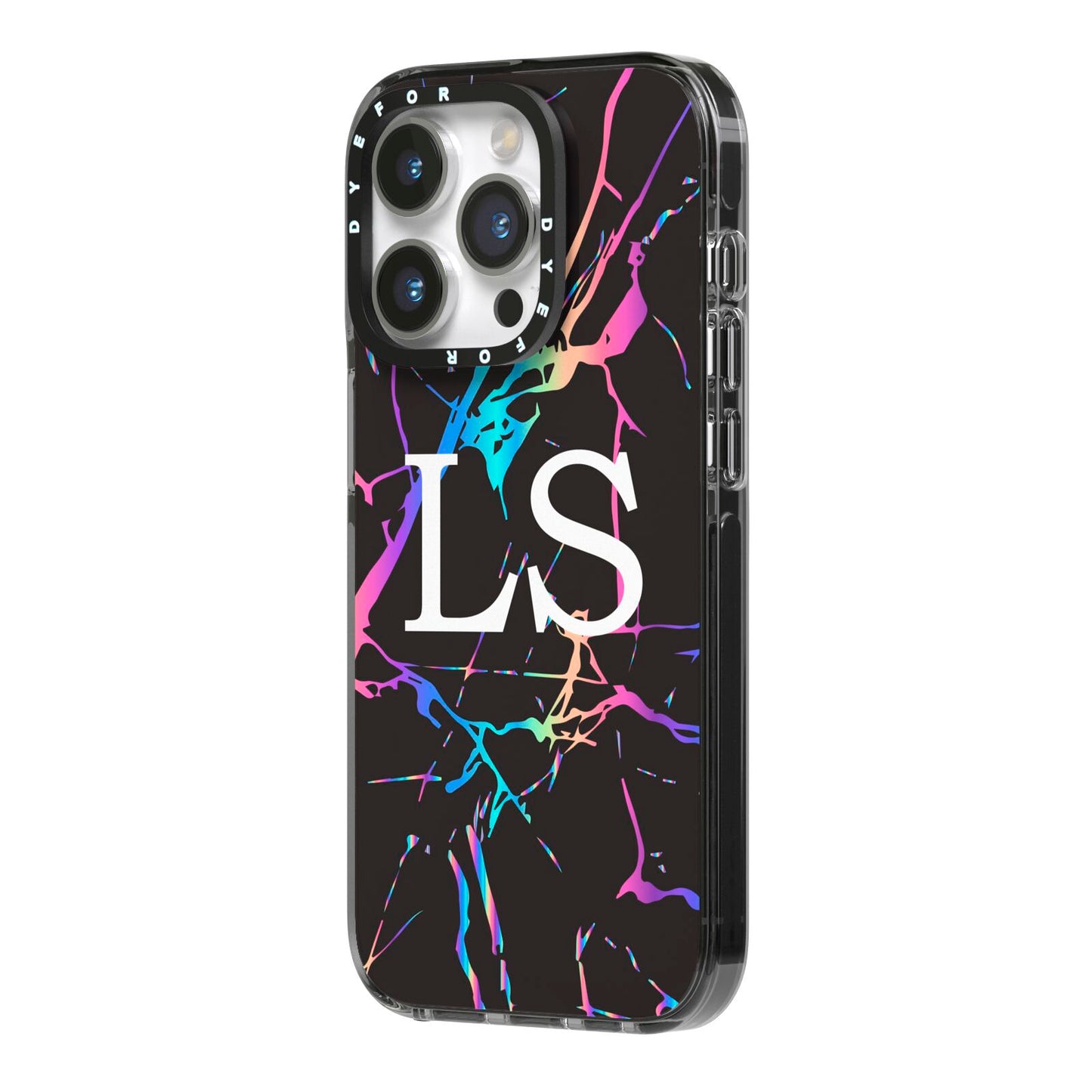 Personalised Black Holographic Marble Initials iPhone 14 Pro Black Impact Case Side Angle on Silver phone