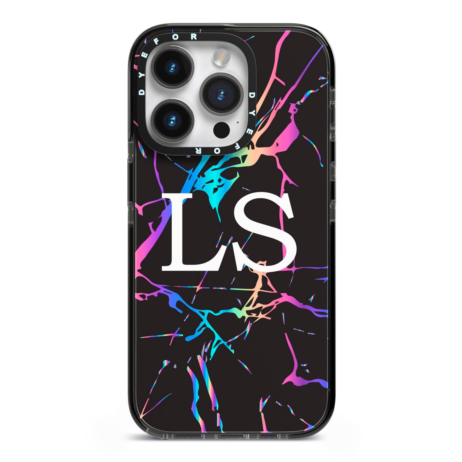 Personalised Black Holographic Marble Initials iPhone 14 Pro Black Impact Case on Silver phone