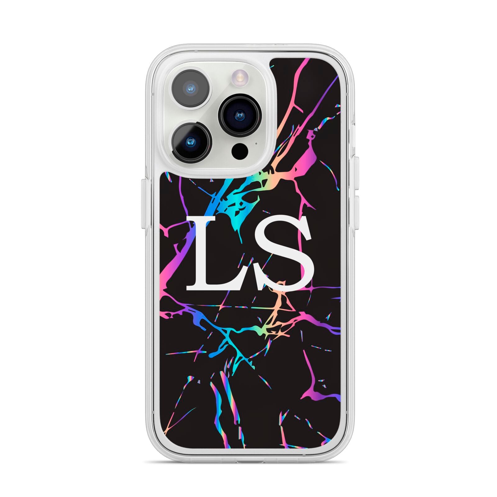 Personalised Black Holographic Marble Initials iPhone 14 Pro Clear Tough Case Silver