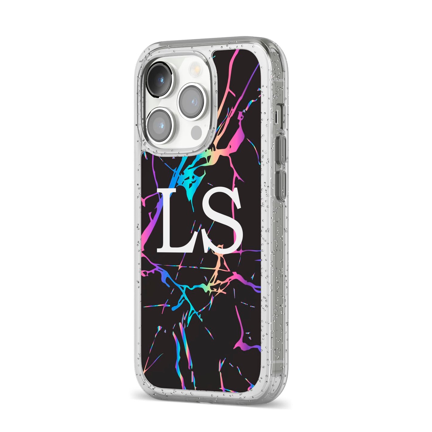 Personalised Black Holographic Marble Initials iPhone 14 Pro Glitter Tough Case Silver Angled Image