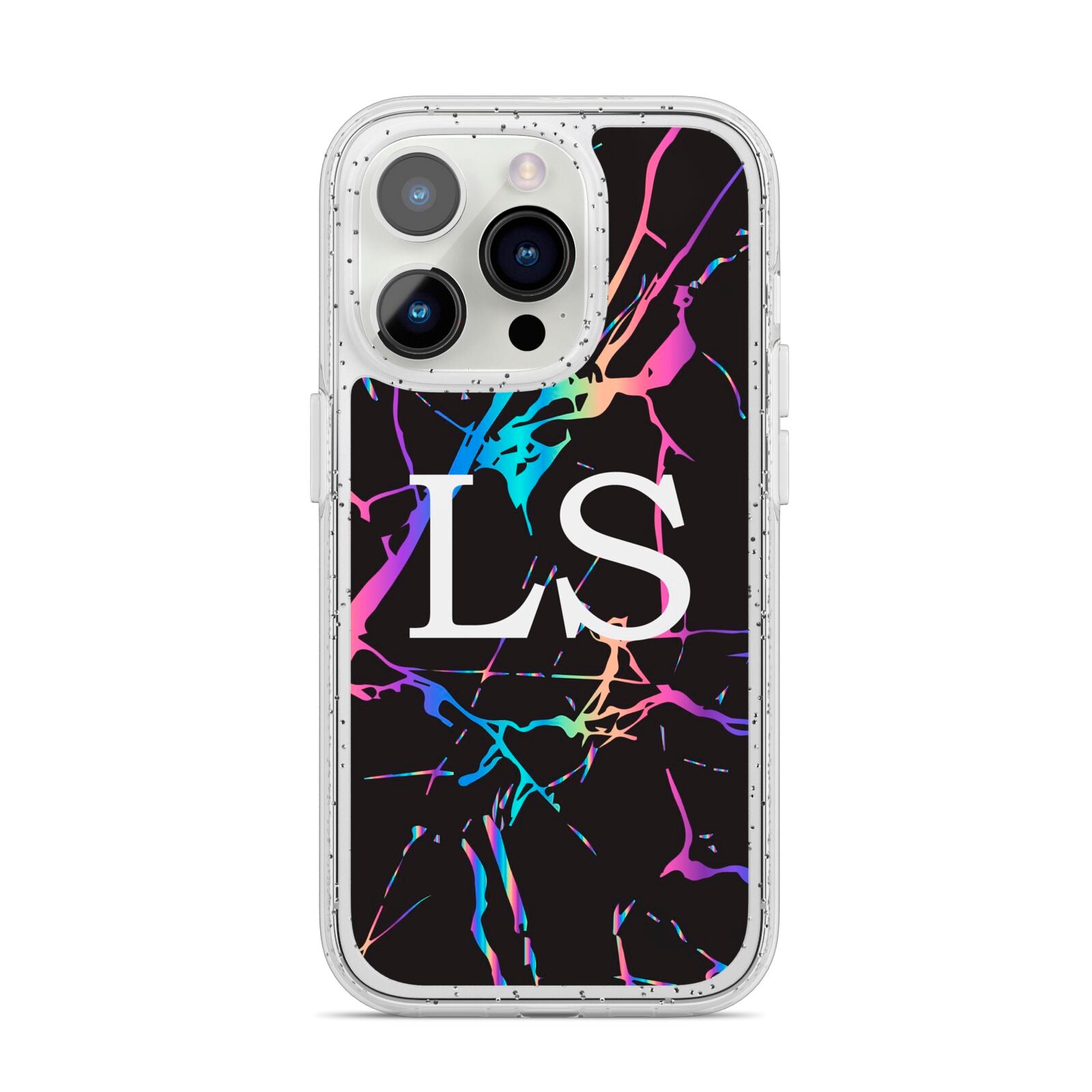 Personalised Black Holographic Marble Initials iPhone 14 Pro Glitter Tough Case Silver