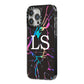Personalised Black Holographic Marble Initials iPhone 14 Pro Max Black Impact Case Side Angle on Silver phone