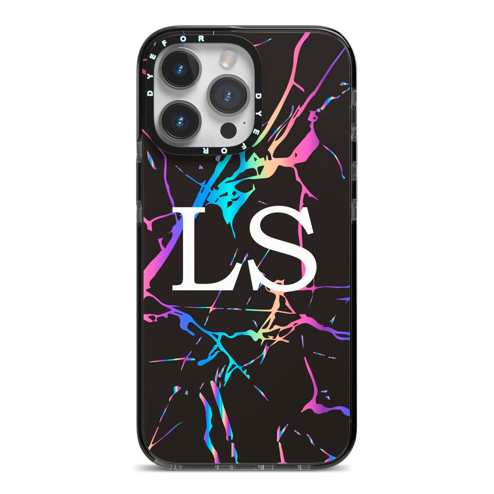 Personalised Black Holographic Marble Initials iPhone 14 Pro Max Black Impact Case on Silver phone