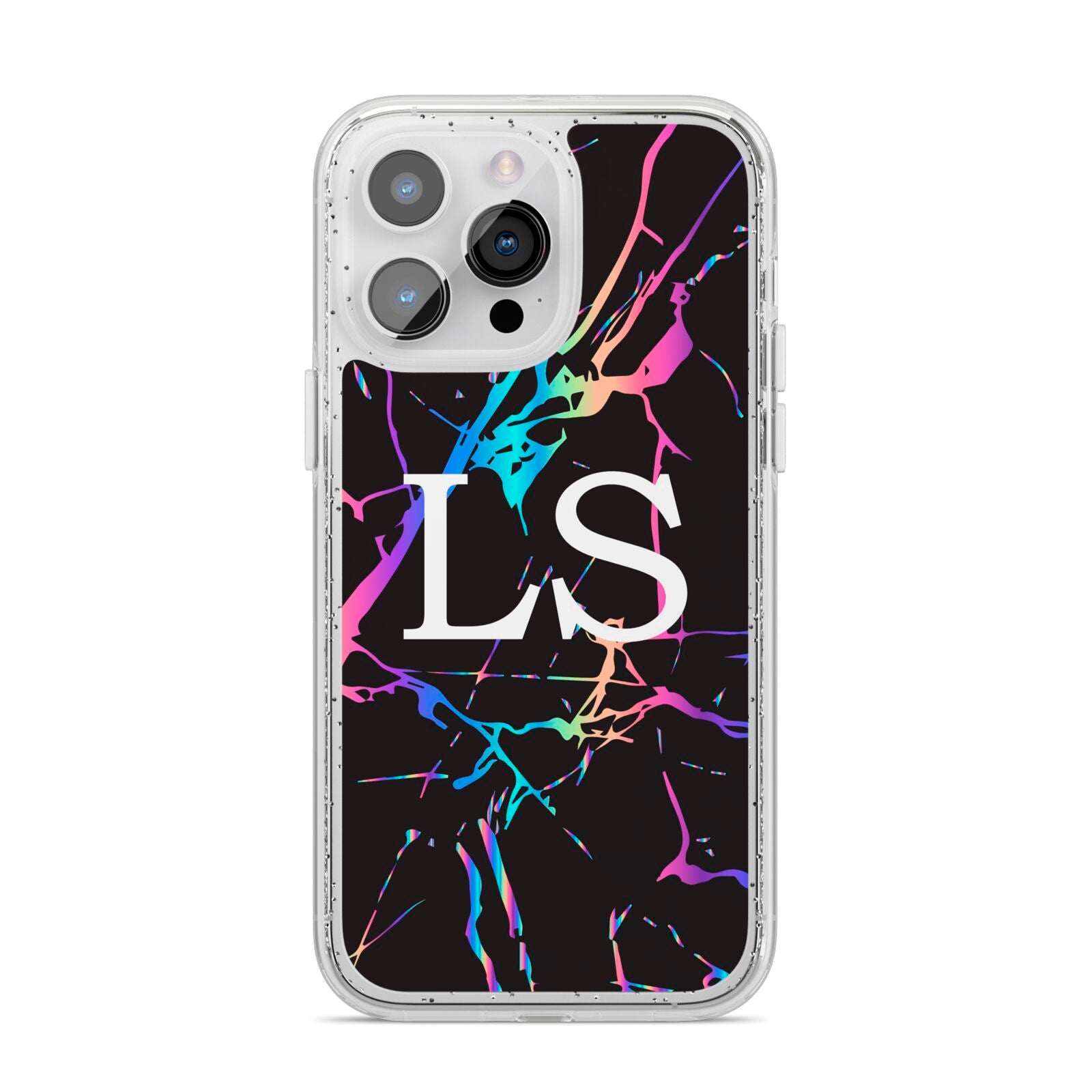 Personalised Black Holographic Marble Initials iPhone 14 Pro Max Glitter Tough Case Silver