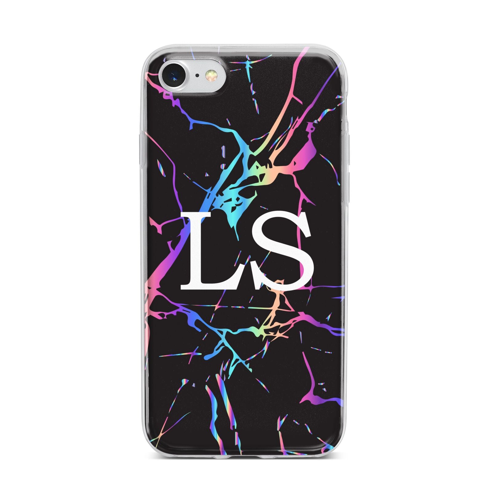 Personalised Black Holographic Marble Initials iPhone 7 Bumper Case on Silver iPhone