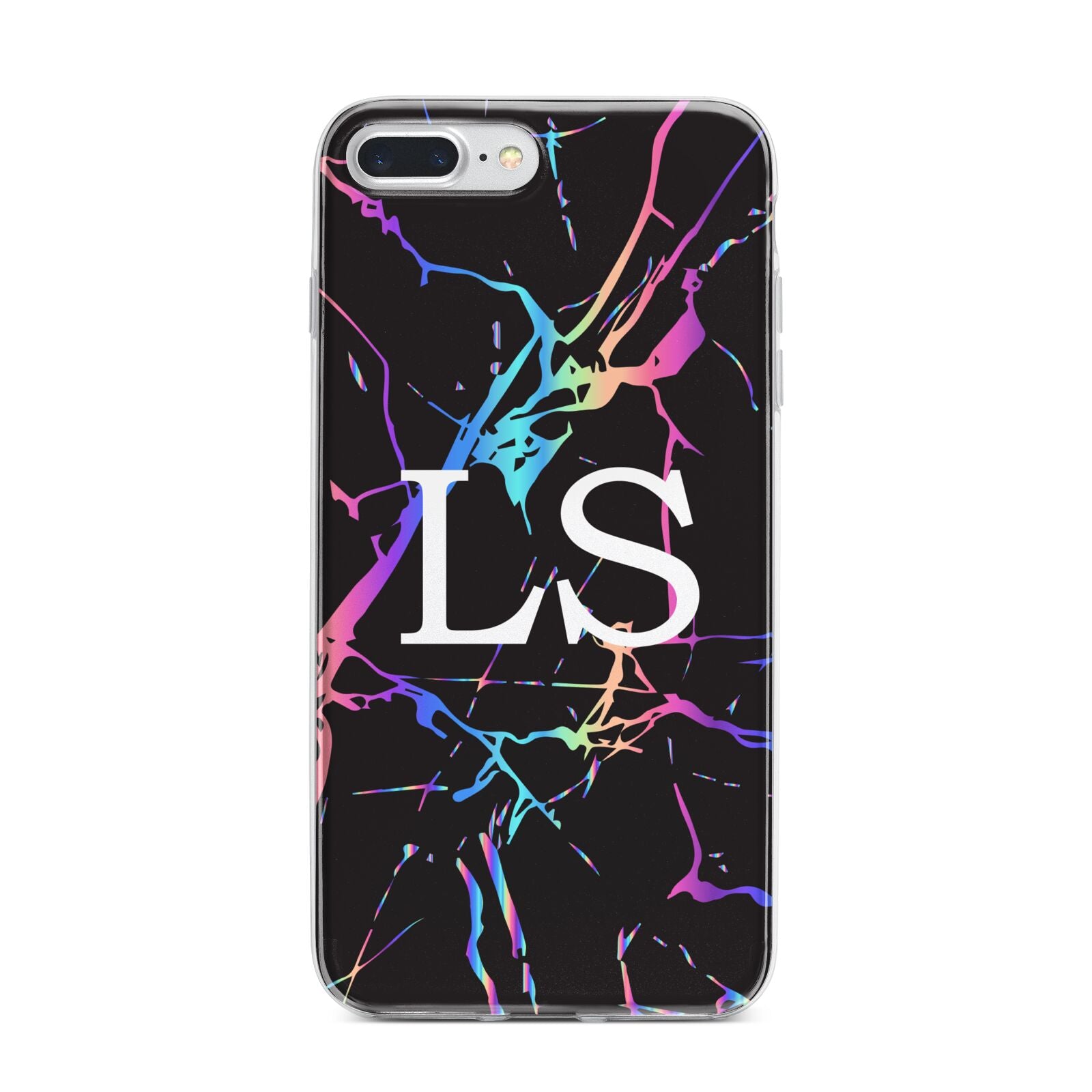 Personalised Black Holographic Marble Initials iPhone 7 Plus Bumper Case on Silver iPhone