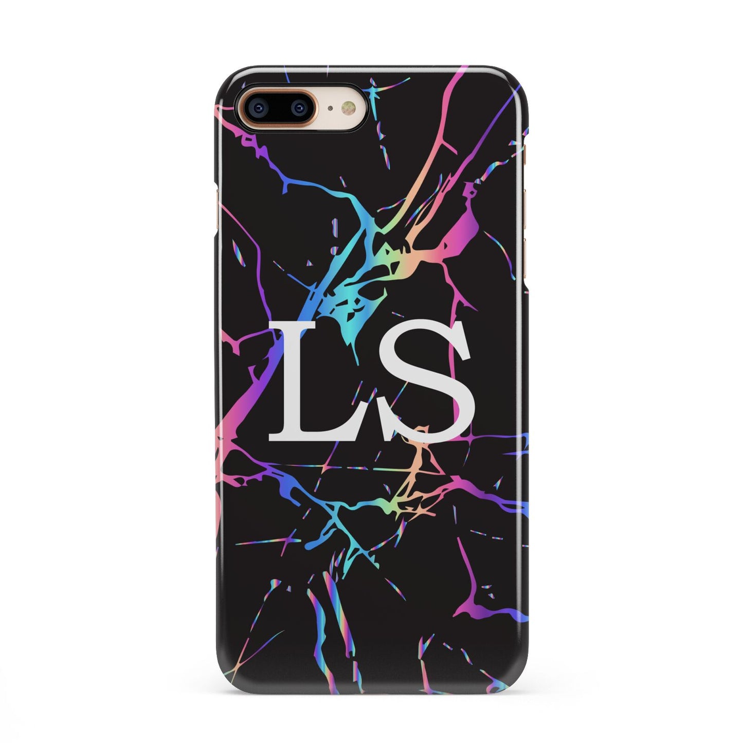 Personalised Black Holographic Marble Initials iPhone 8 Plus 3D Snap Case on Gold Phone