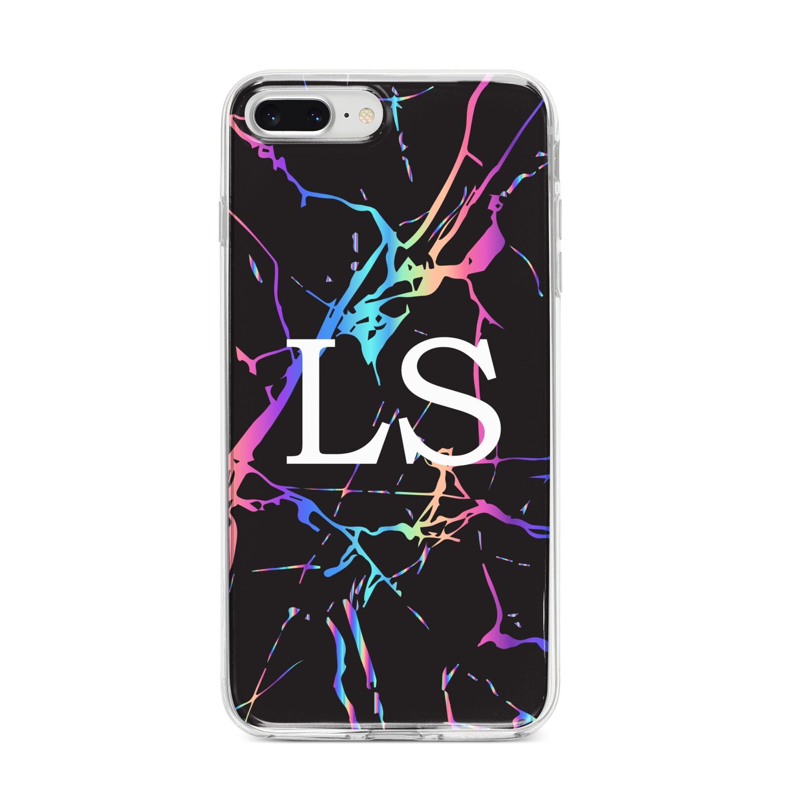 Personalised Black Holographic Marble Initials iPhone 8 Plus Bumper Case on Silver iPhone