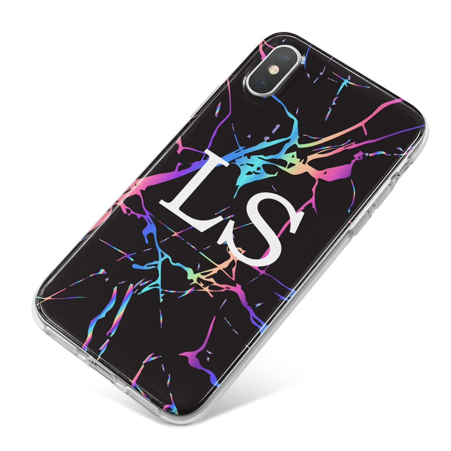 Personalised Black Holographic Marble Initials iPhone X Bumper Case on Silver iPhone