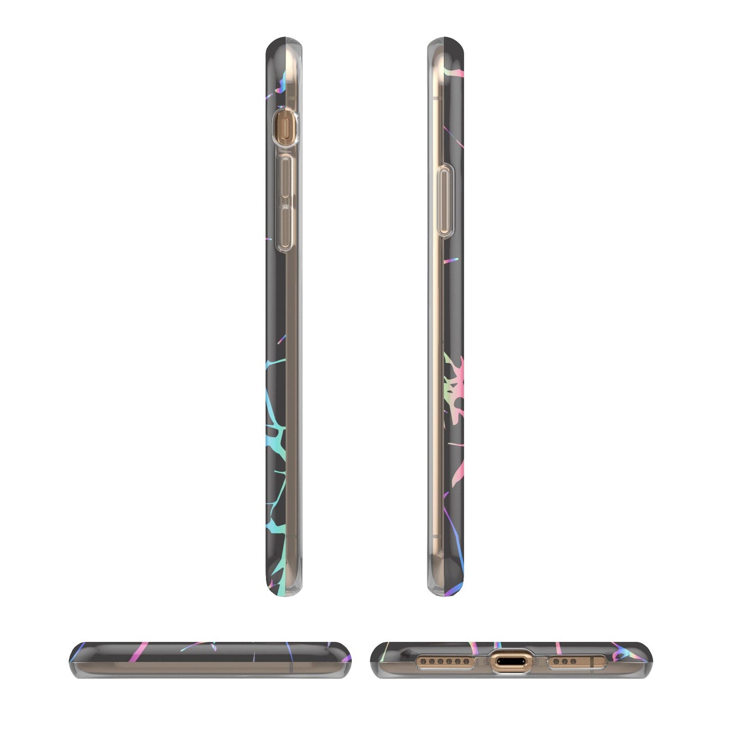 Personalised Black Holographic Marble Initials iPhone XS 3D Tough Case in Gold Angled Images