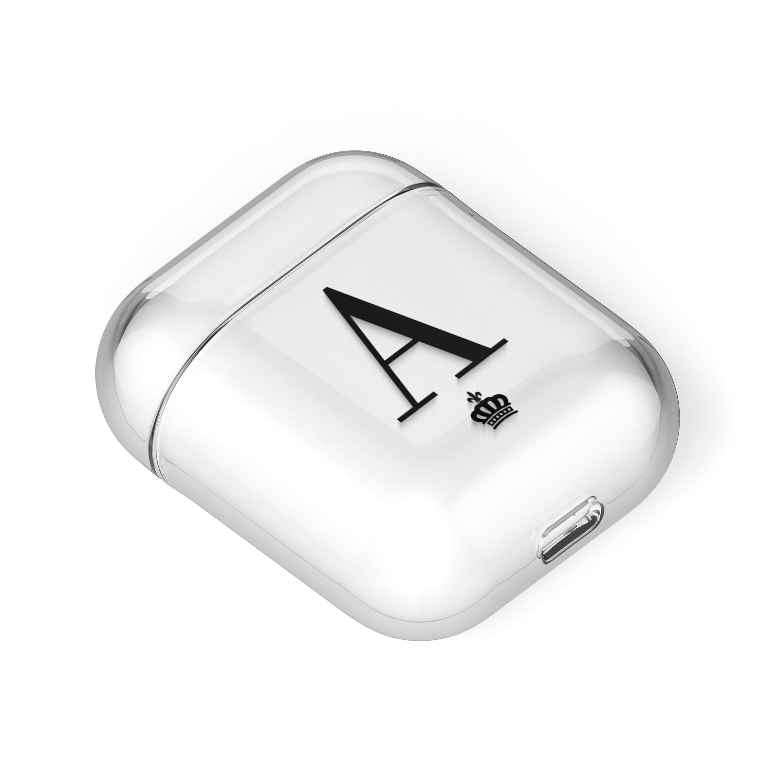 Personalised Black Initial Crown Clear AirPods Case Laid Flat
