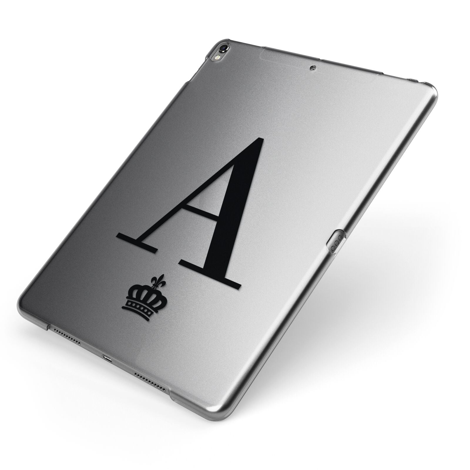 Personalised Black Initial Crown Clear Apple iPad Case on Grey iPad Side View