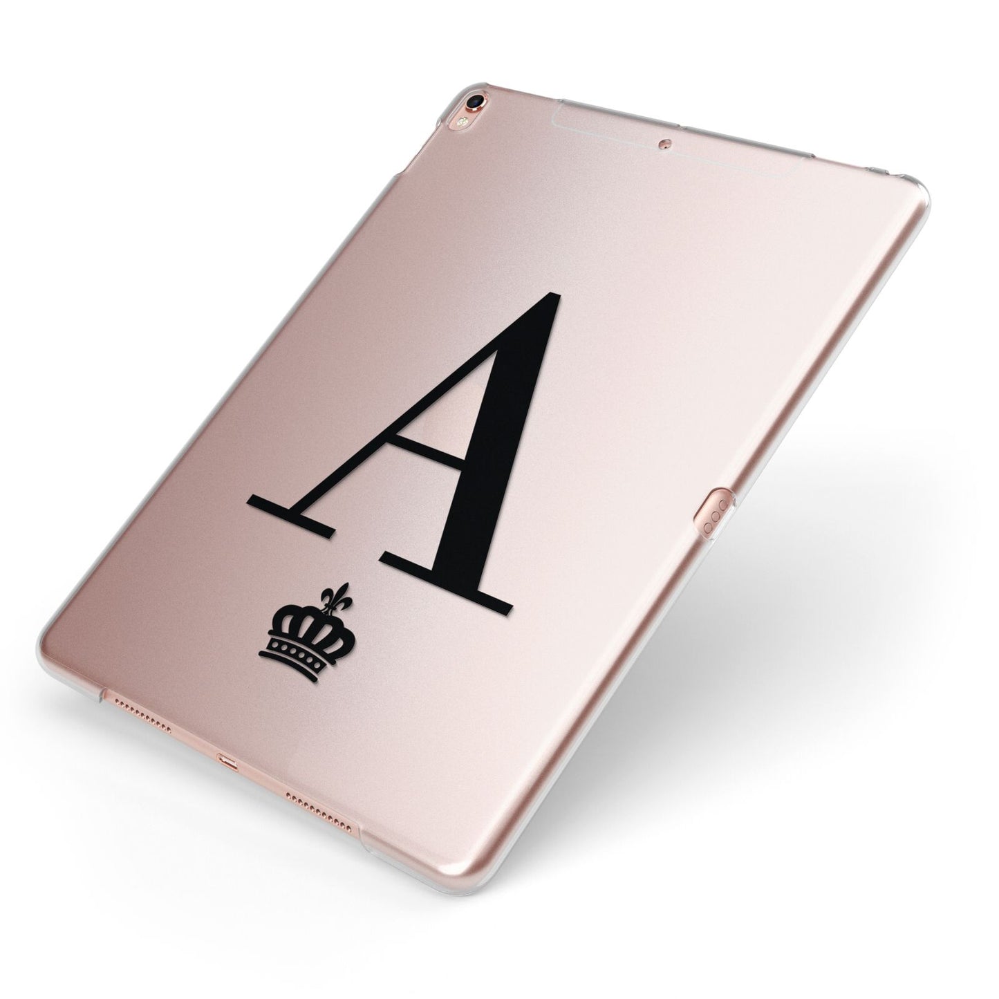 Personalised Black Initial Crown Clear Apple iPad Case on Rose Gold iPad Side View