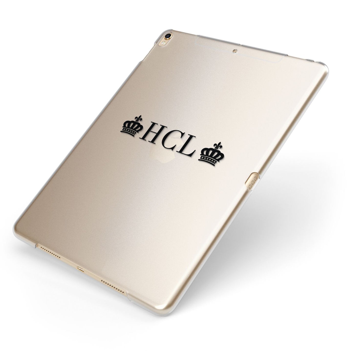Personalised Black Initials 2 Crowns Clear Apple iPad Case on Gold iPad Side View
