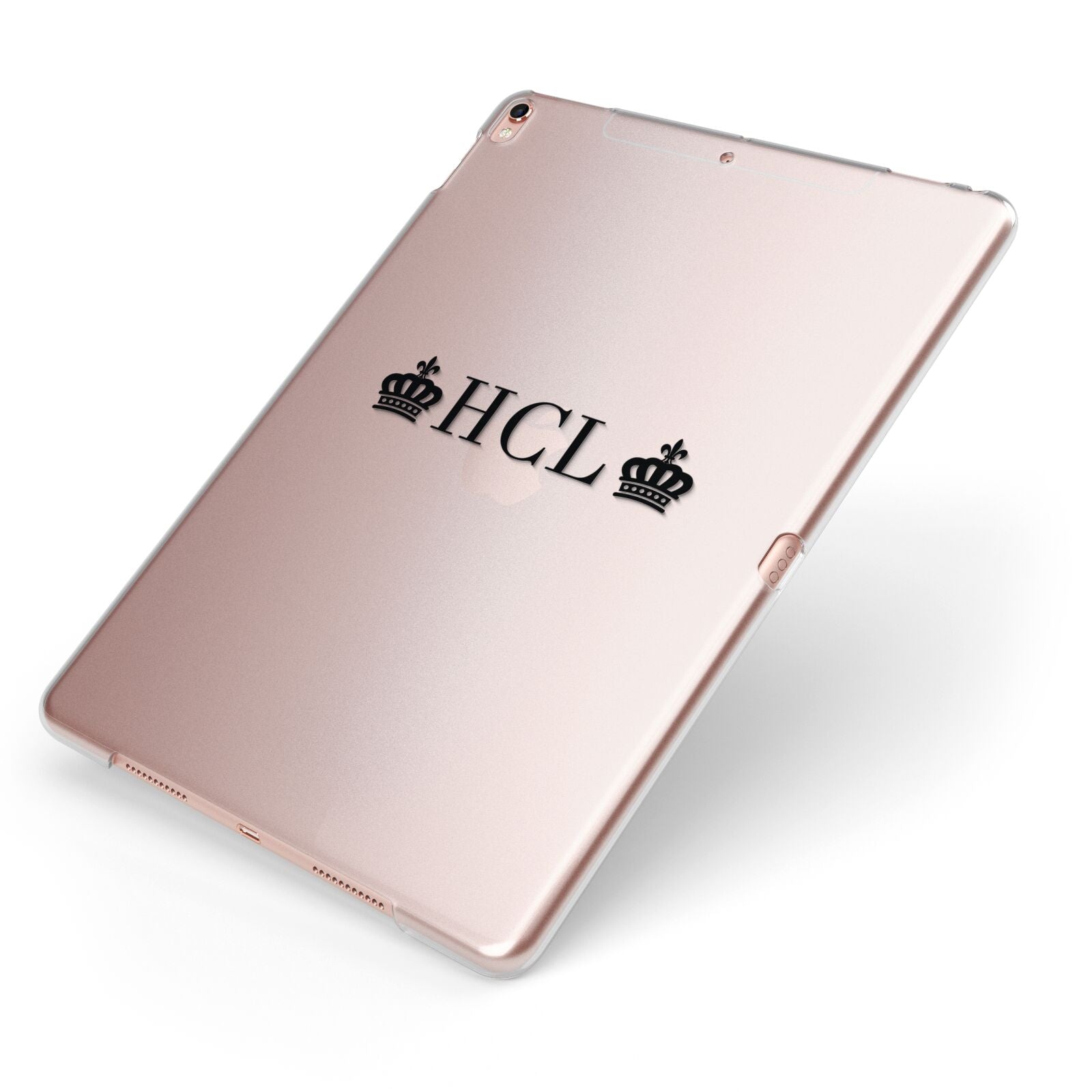 Personalised Black Initials 2 Crowns Clear Apple iPad Case on Rose Gold iPad Side View