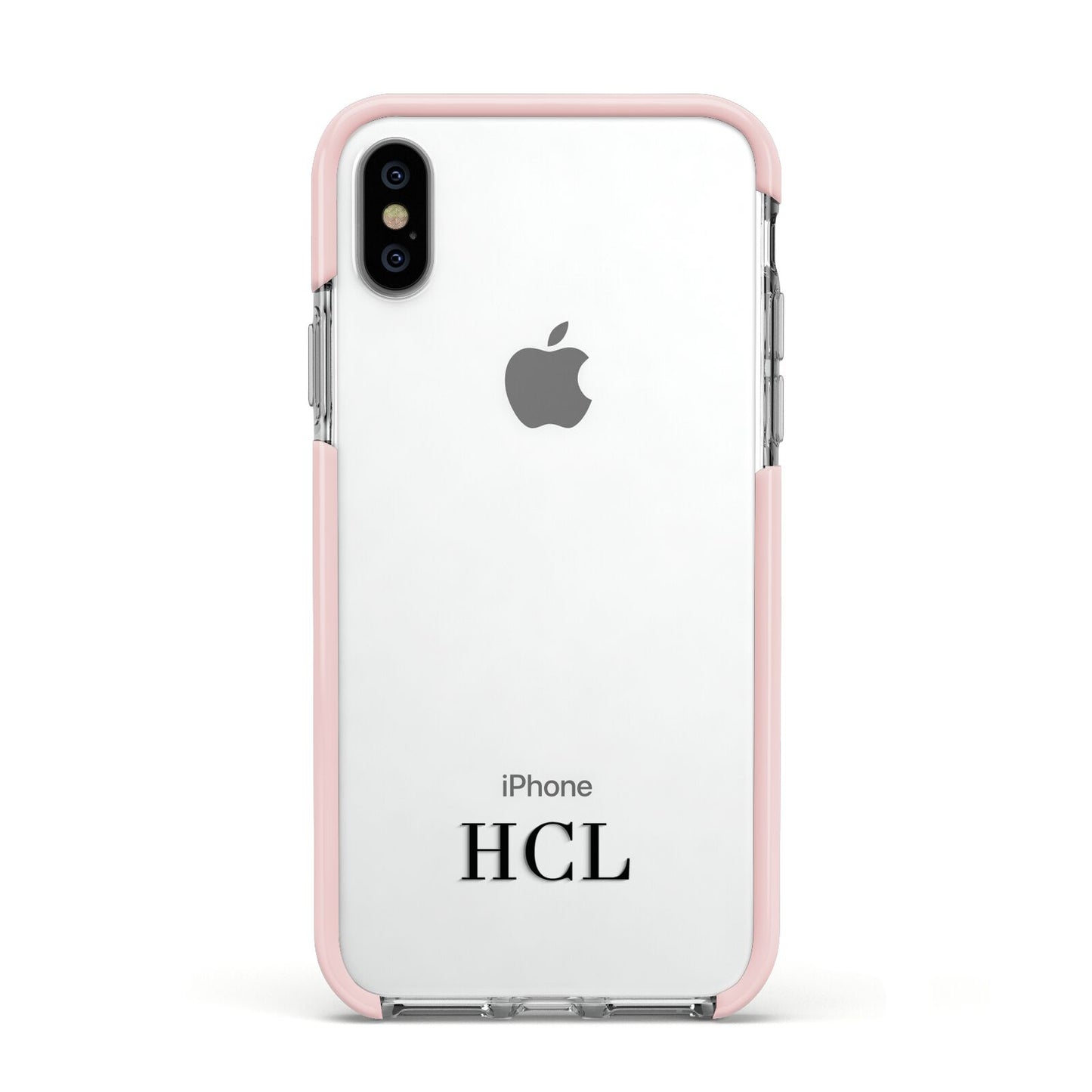 Personalised Black Initials Bottom Clear Custom Apple iPhone Xs Impact Case Pink Edge on Silver Phone