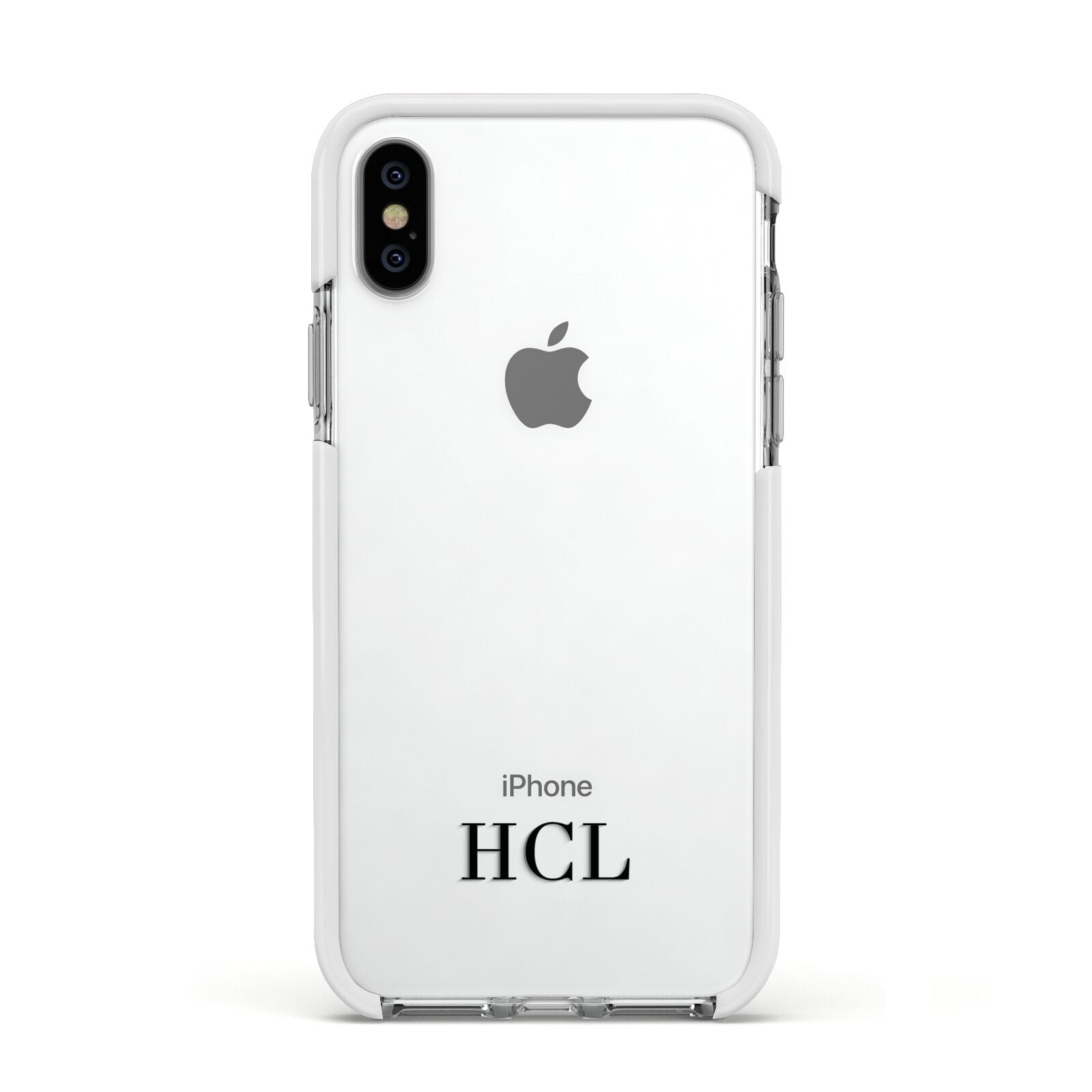 Personalised Black Initials Bottom Clear Custom Apple iPhone Xs Impact Case White Edge on Silver Phone