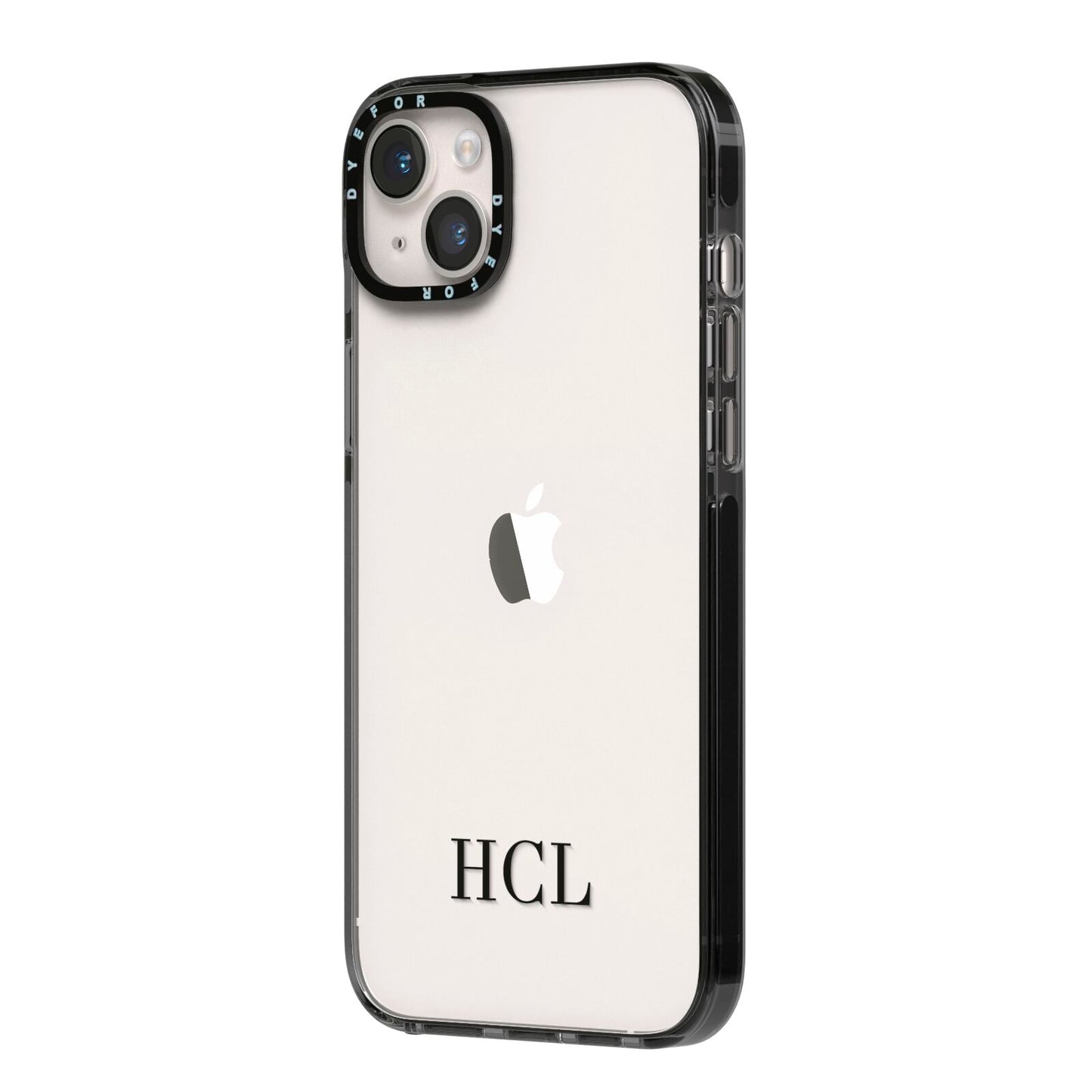 Personalised Black Initials Bottom Clear Custom iPhone 14 Plus Black Impact Case Side Angle on Silver phone