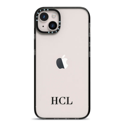 Personalised Black Initials Bottom Clear Custom iPhone 14 Plus Black Impact Case on Silver phone