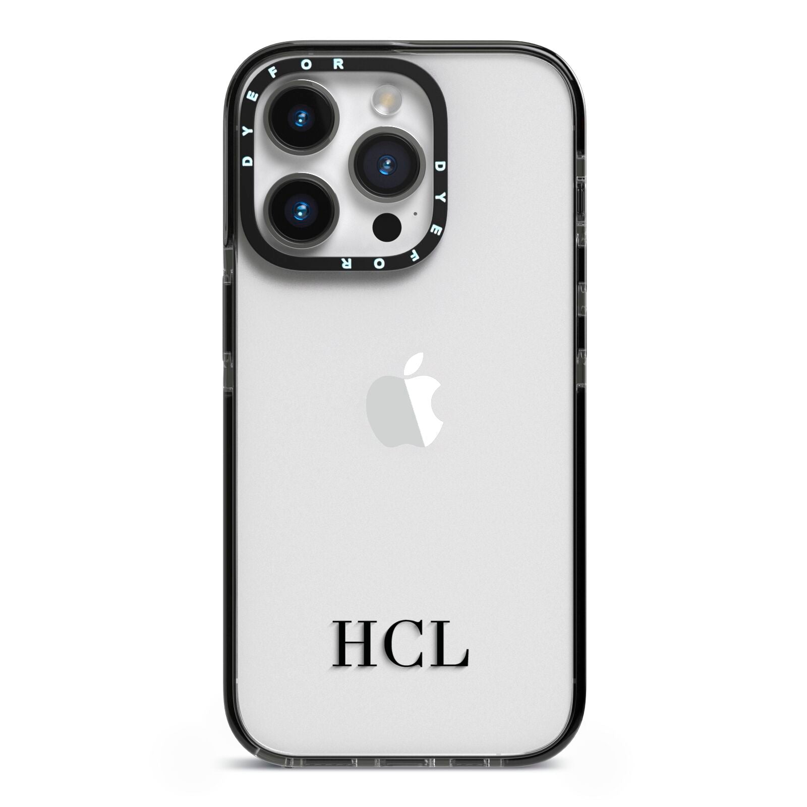Personalised Black Initials Bottom Clear Custom iPhone 14 Pro Black Impact Case on Silver phone